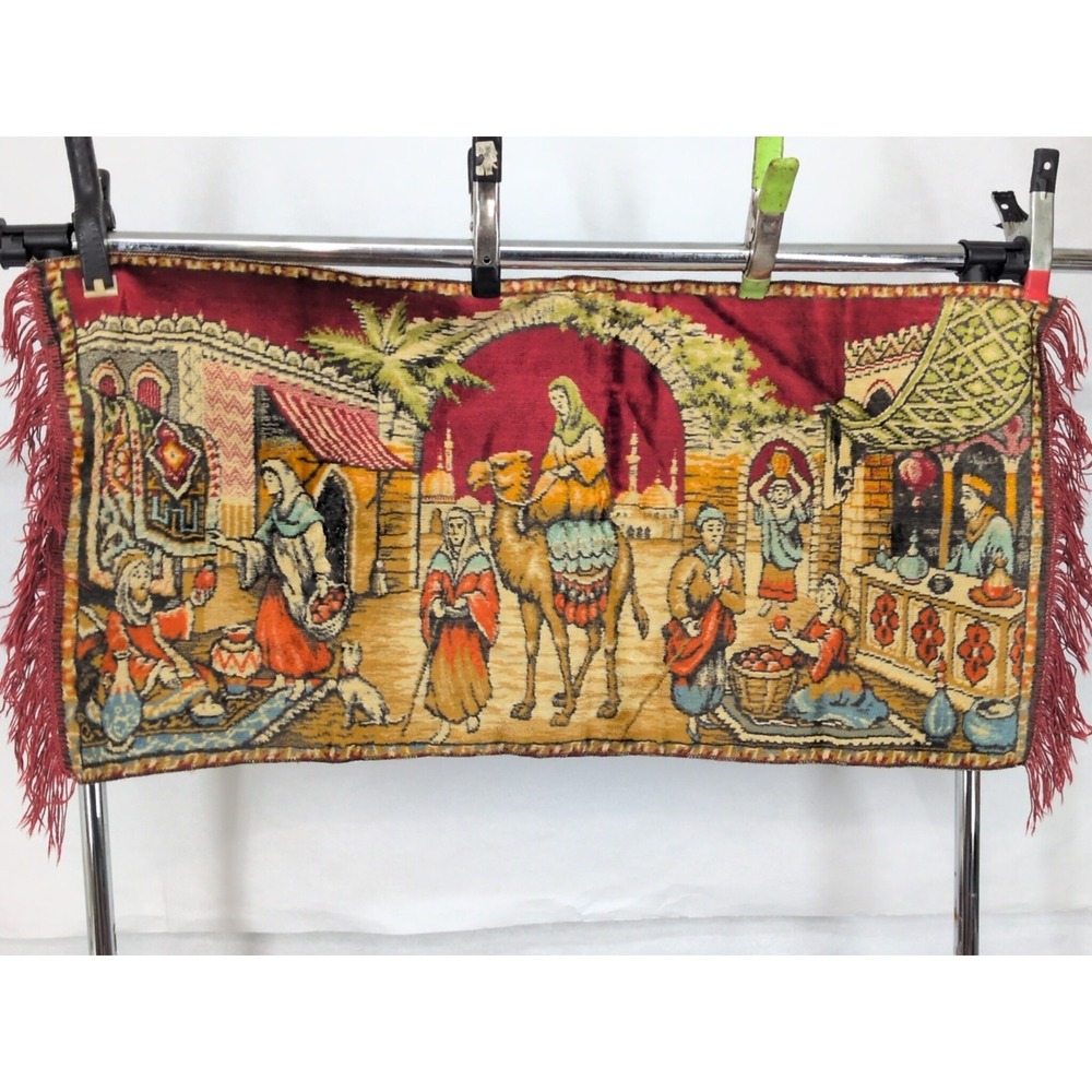 Vintage Italian Velvet Tapestry 41x19 Made In Italy Street Market Scene Camel